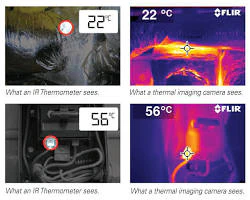 Thermal imaging showing heat loss and stratification in a high-ceiling industrial warehouse.