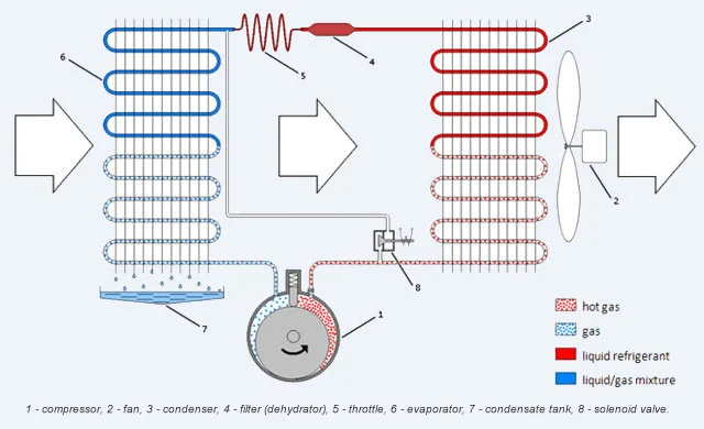 Diagram showing how a refrigerant dehumidifier condenses moisture from the air