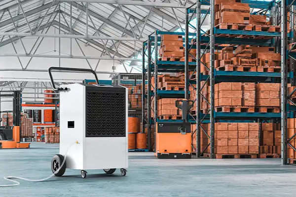 Industrial dehumidifier controlling humidity in large warehouse environment