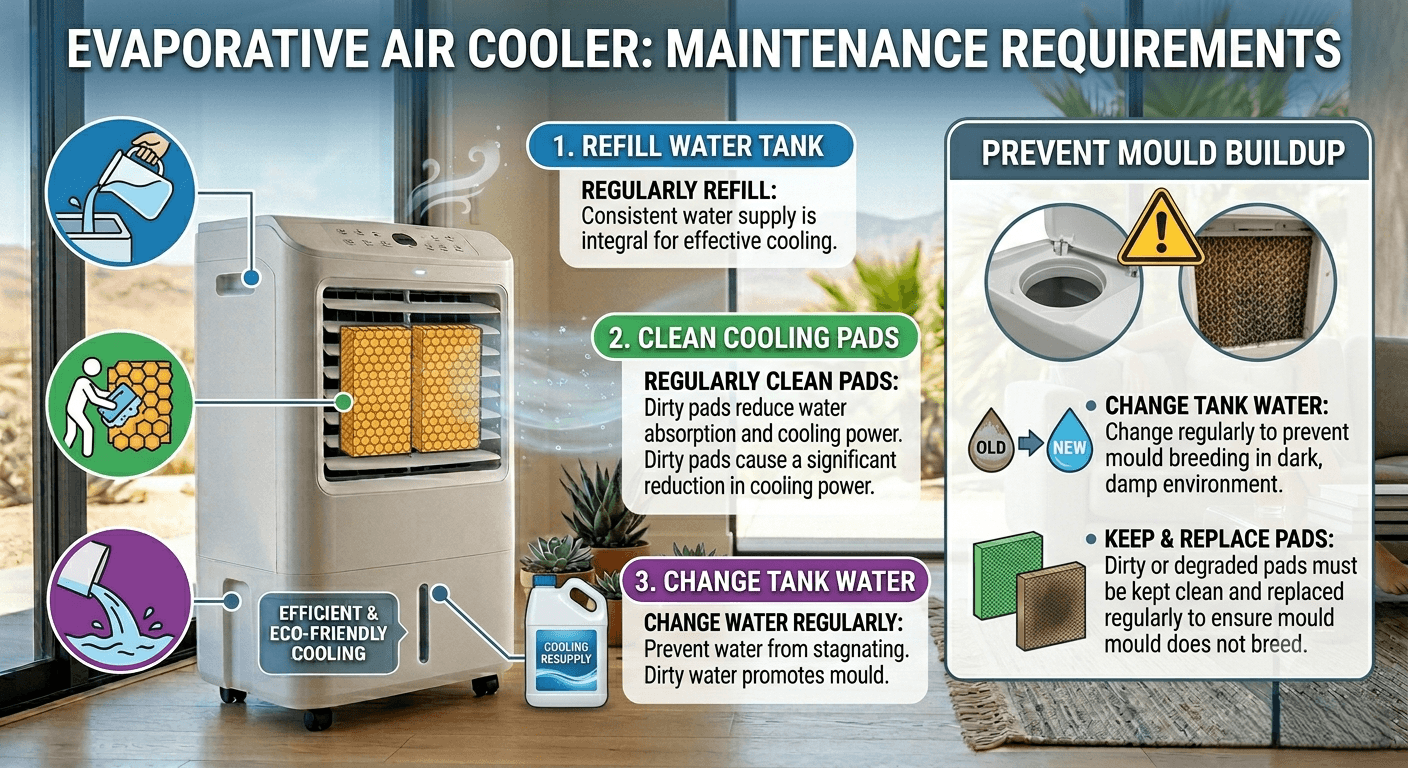 Evaporative Air Cooler Maintenance Requirements Infographic explaining the maintenance requirements of an evaporative air cooler