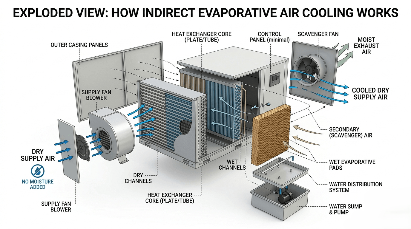 An exploded view diagram infographic illustrating the working principle of an indirect cooling evaporative air cooler. The image shows warm, dry primary air entering a filtration system and splitting into two paths.