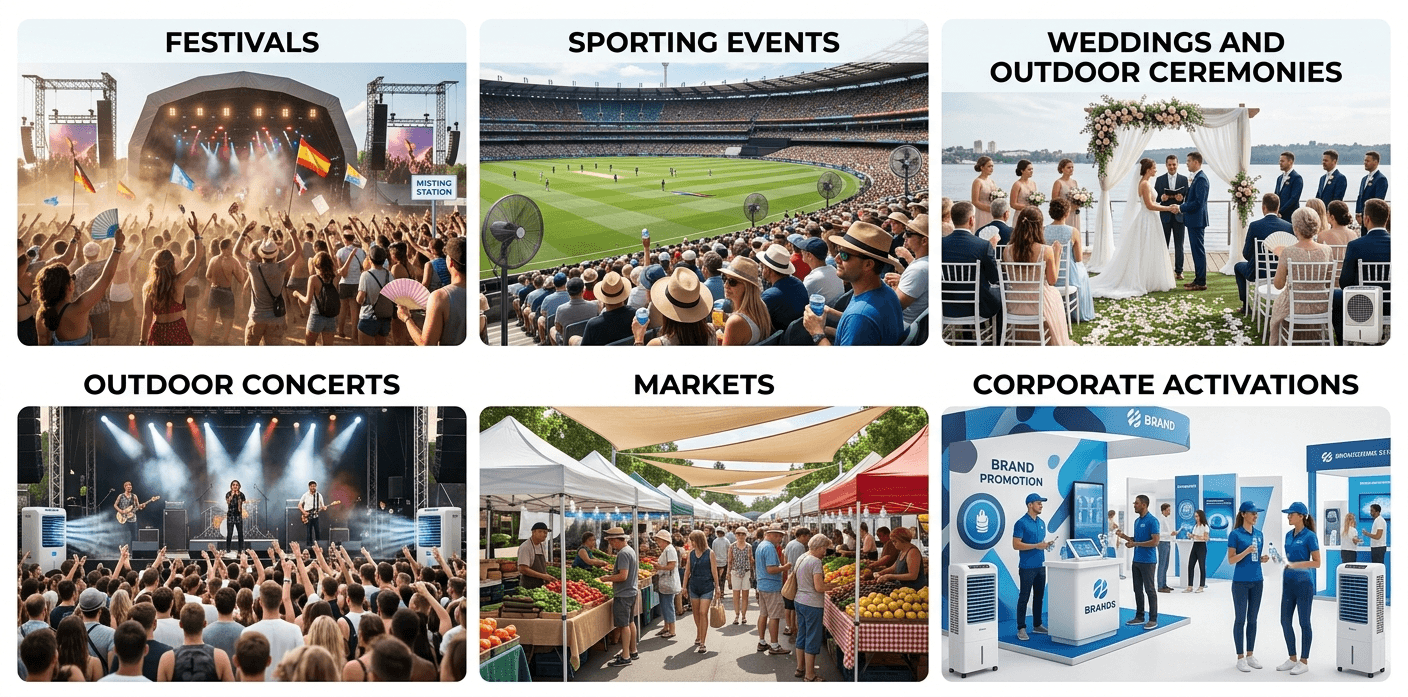 Outdoor Events Where Cooling is Important Infographic showing six outdoor events where cooling is important