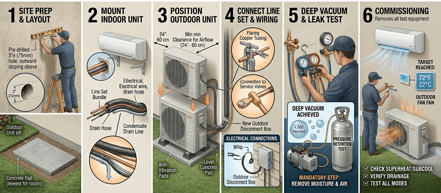 Split Air Conditioning Installation Process Diagram Infographic explaining installation process of split air conditioning systems