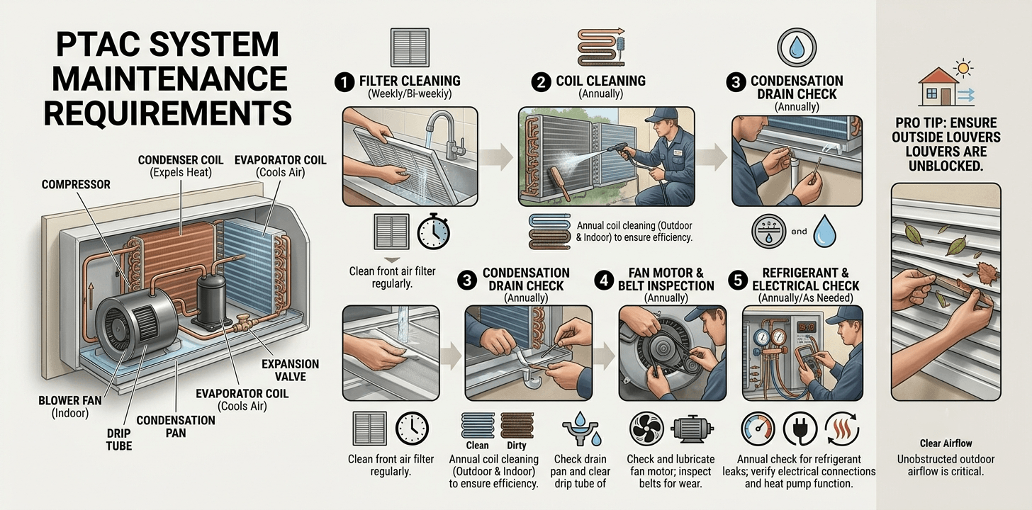 PTAC System Routine Maintenance Routine Infographic Showing Routine Maintenance Requirements for PTAC System