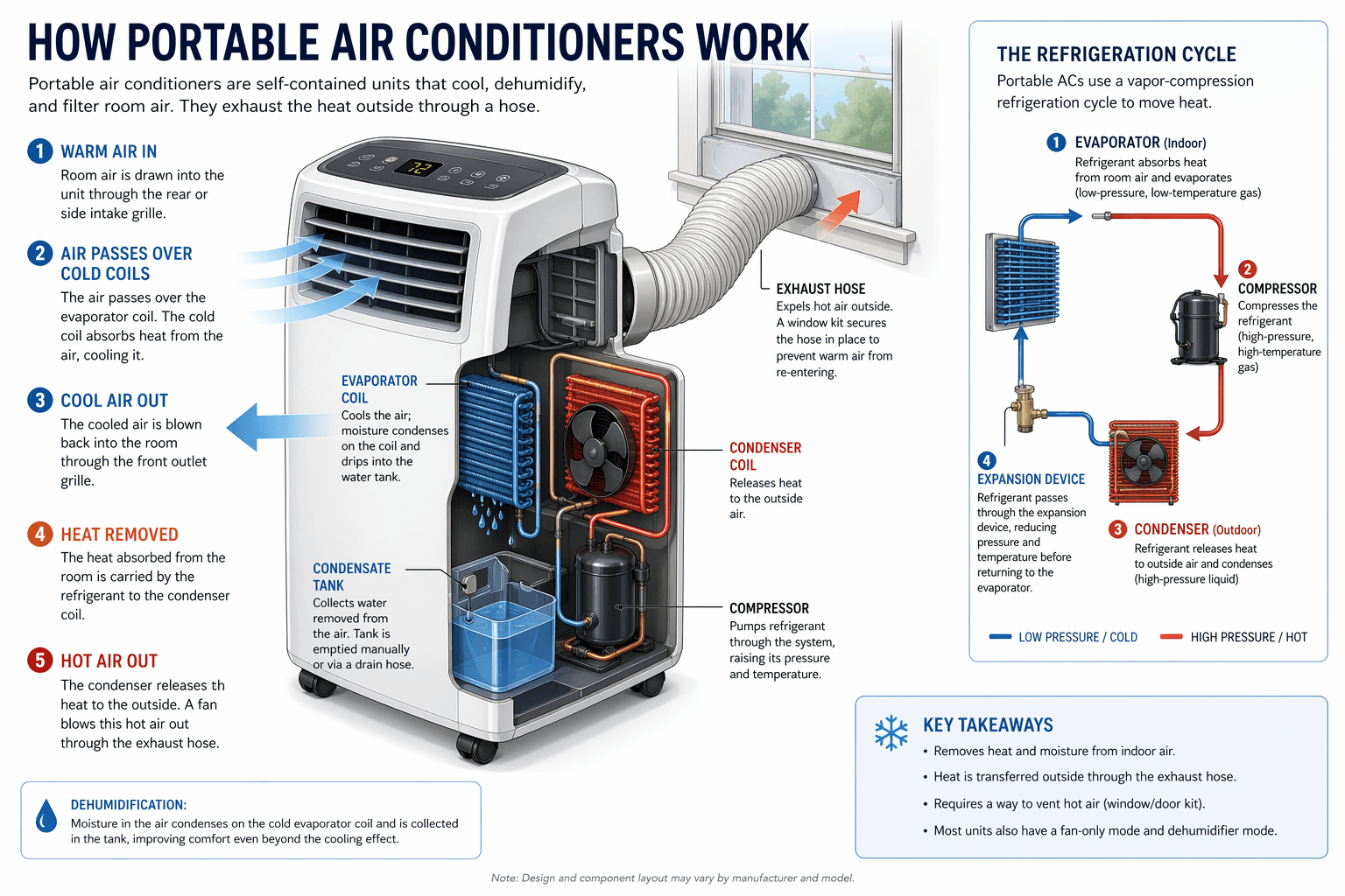 How portable air conditioners work Expanded view diagram explaining how portable air conditioners work