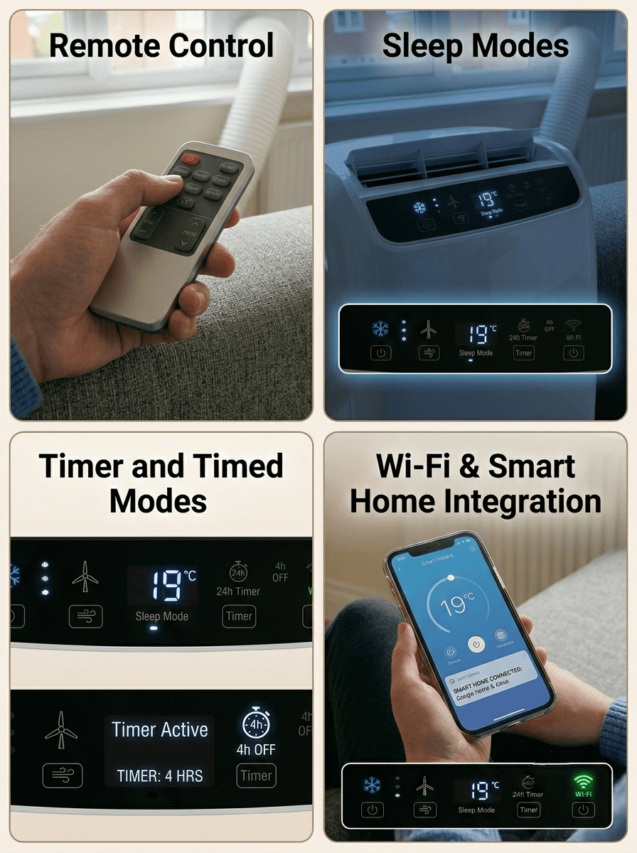 Portable air conditioners comfort features Infographic showing additional comfort features of portable air conditioners
