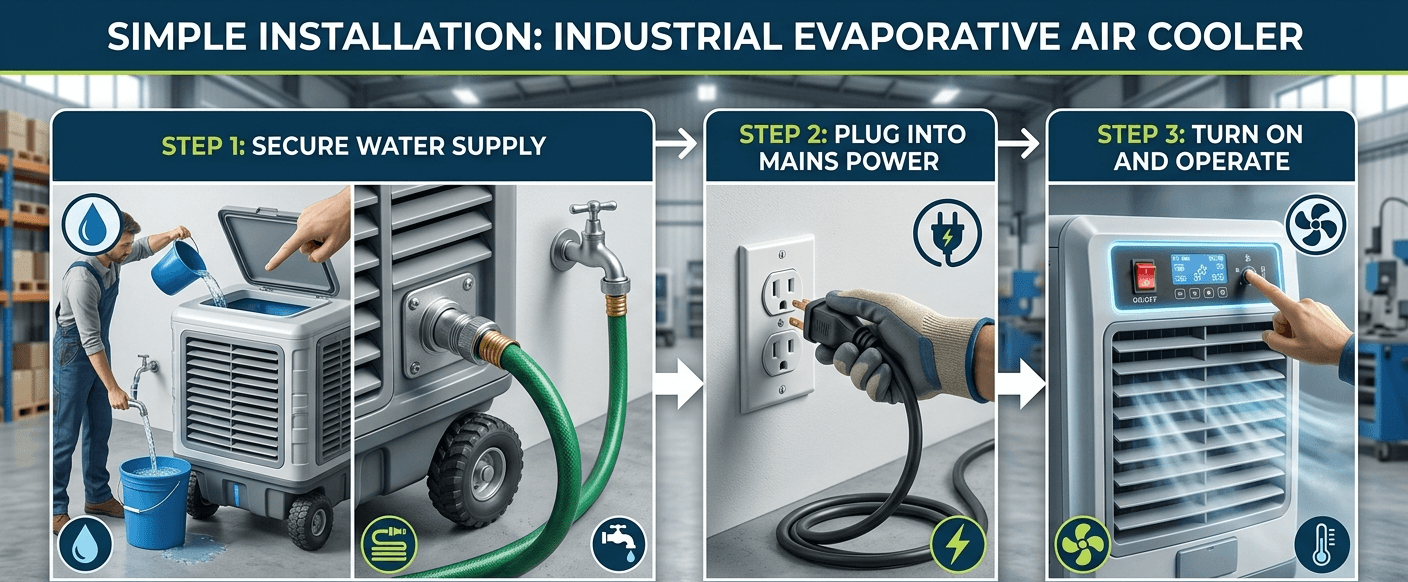 Industrial evaporative air cooler installation process Infographic showing steps to install industrial swamp cooler