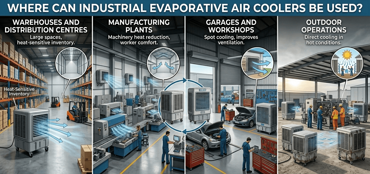 Where can industrial evaporative air coolers be used? Infographic showing the best industrial applications for an industrial swamp cooler