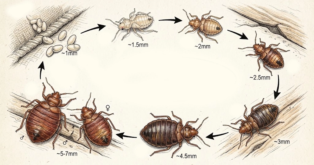 Stages of a bedbug's lifecycle A diagram showing the stages of a bedbugs lifecycle