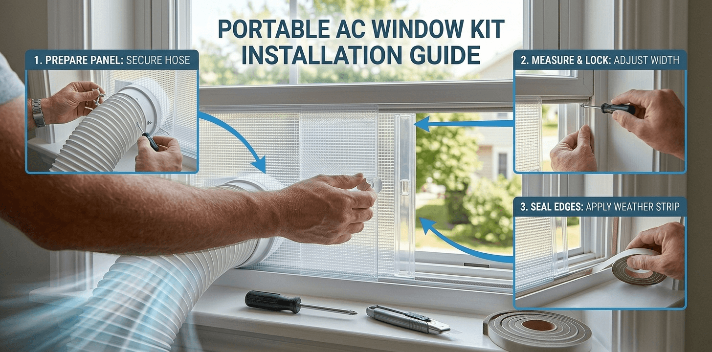Portable Air Conditioner Window Kit Installation Process Infographic showing installation process for portable AC window kit.
