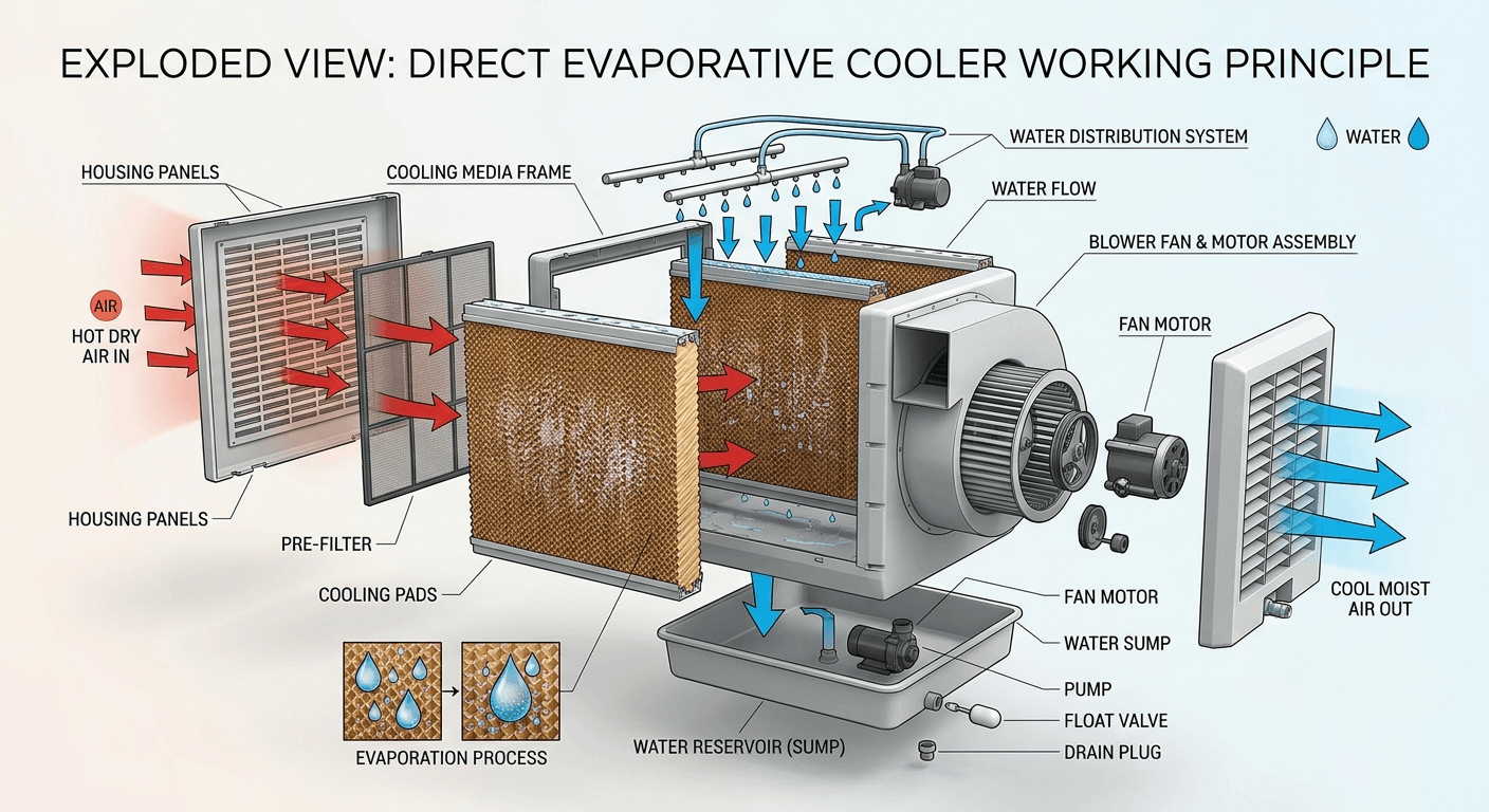 Technical diagram highlighting the working principle of a direct evaporative cooler, including the intake fan, water pump, reservoir, and cooling media.