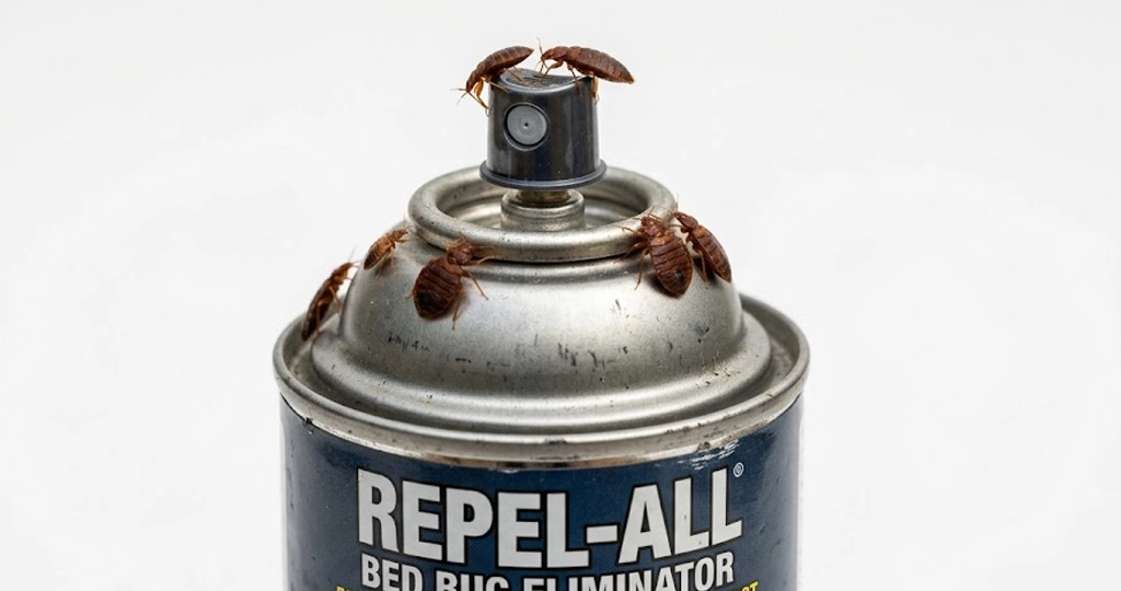 An image of bed bugs climbing atop of a can of chemical treatment
