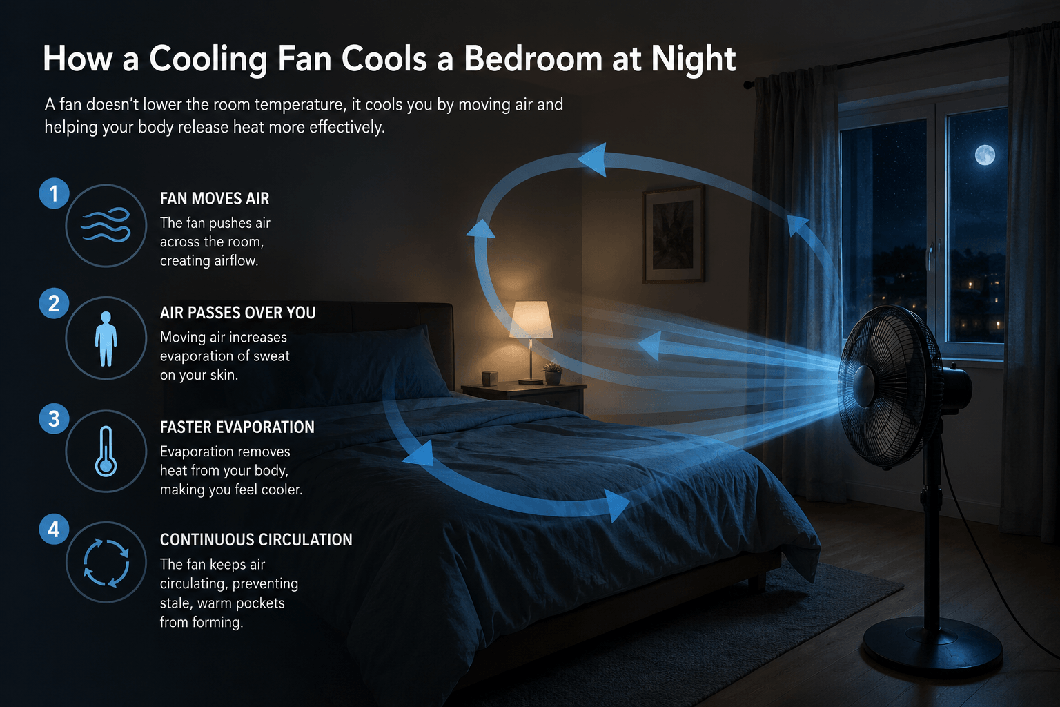 Infographic showing cooling process of cooling fans in a bedroom