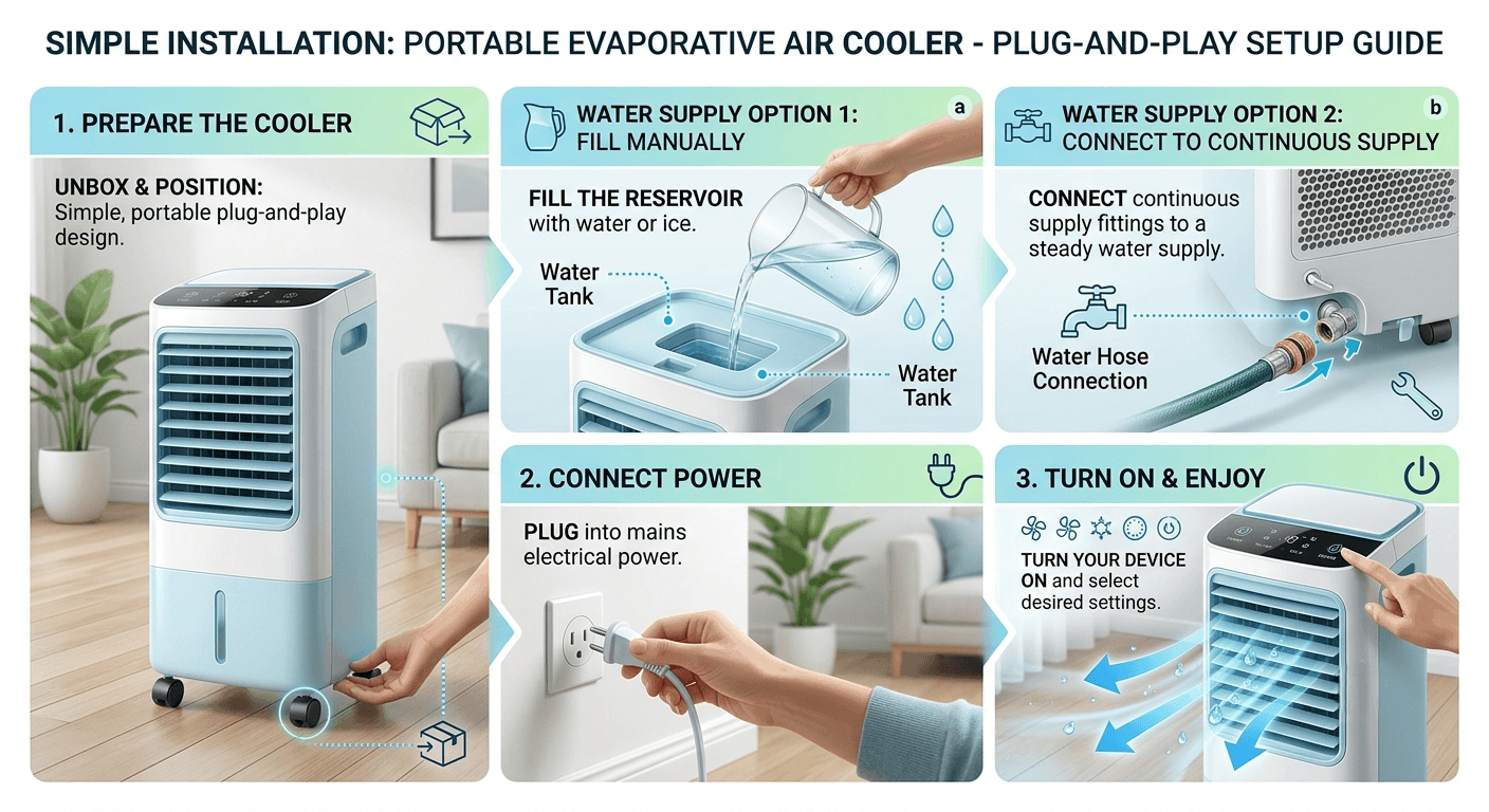 Infographic showing a step-by-step guide for installing an evaporative air cooler straight out of the box.