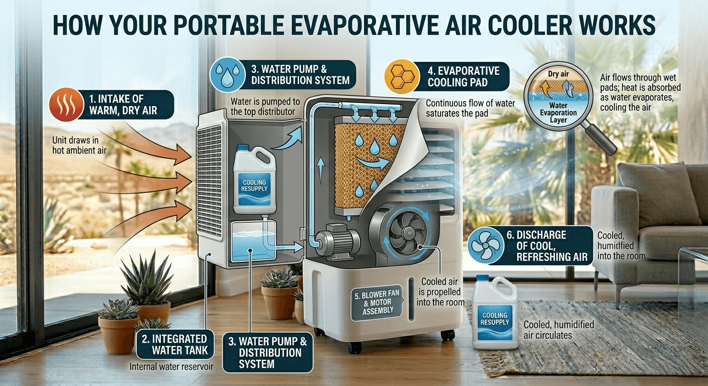 How Evaporative Air Coolers Work Infographic explaining how portable evaporative air coolers work
