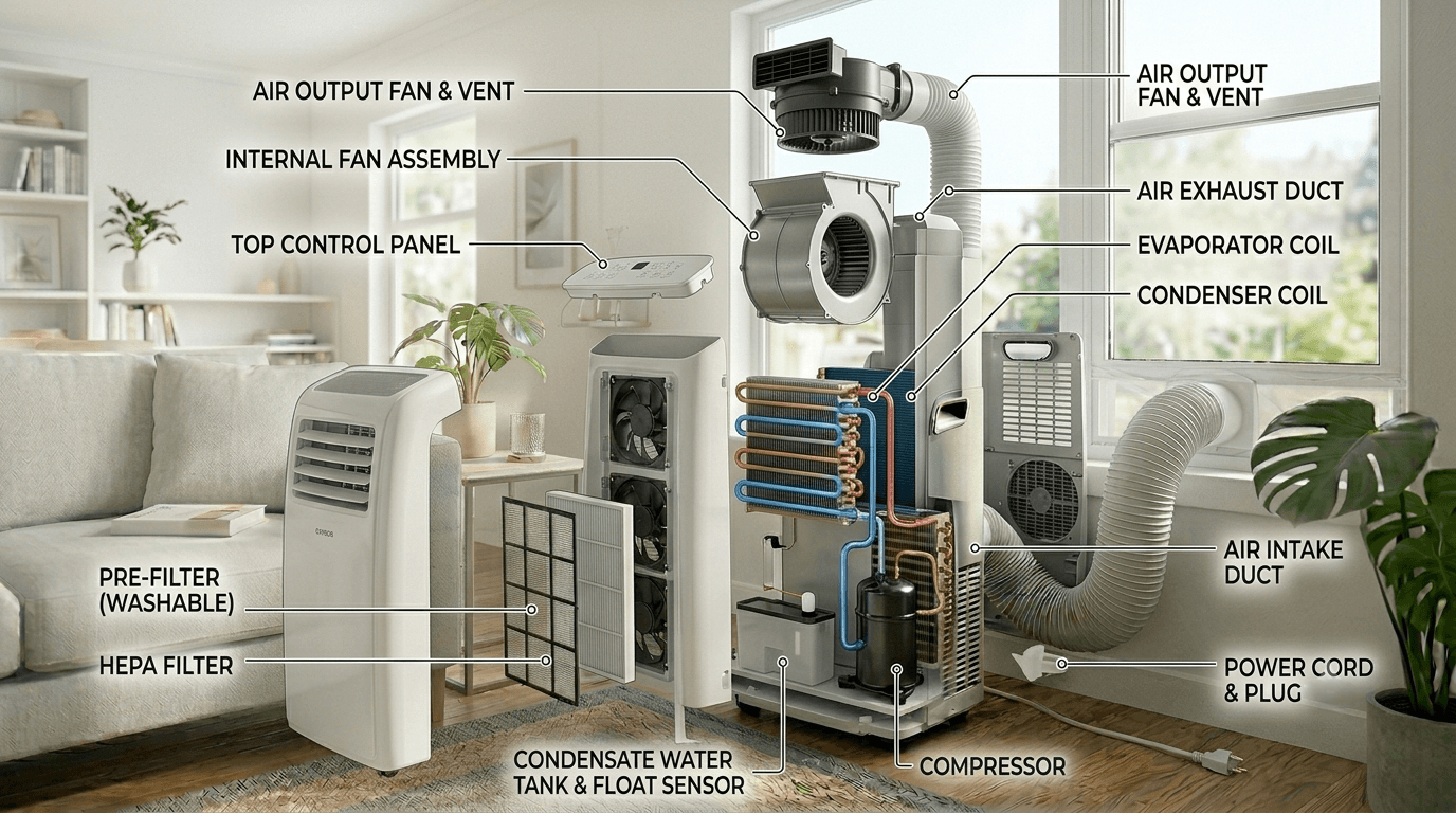 Exploded View Diagram of Portable Air Conditioner Components Exploded view diagram showing components of a portable air cooler.