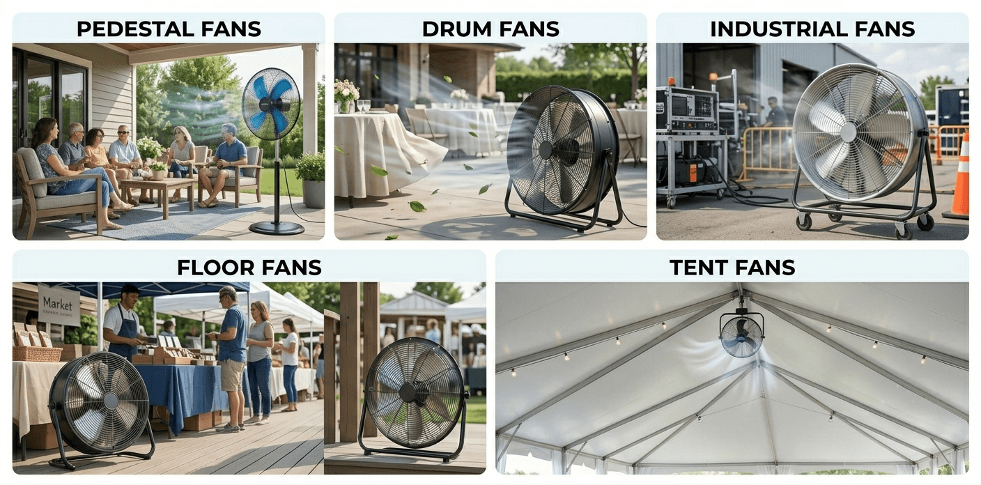 Types of Fans for Outdoor Use Infographic showing outdoor fan types