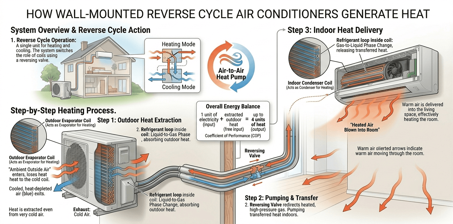 How wall-mounted air conditioners generate heat Infographic explaining how reverse cycle process generates hear in wall-mounted air conditioners