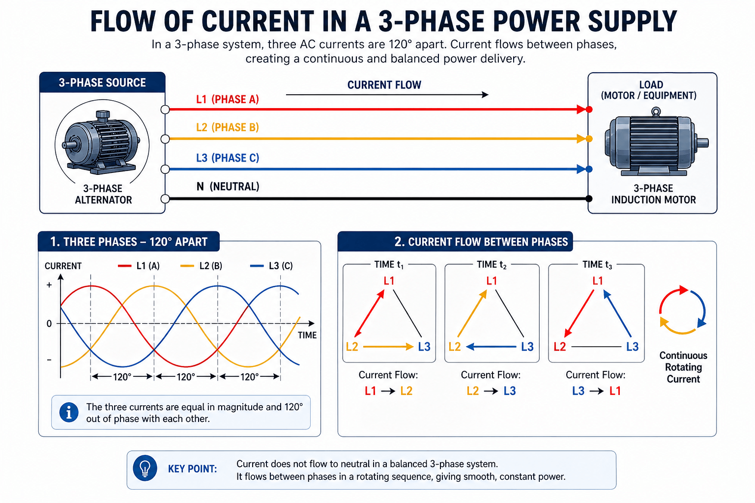 Flow of current in a 3-phase supply Infographic explaining the flow of current in a 3-phase supply