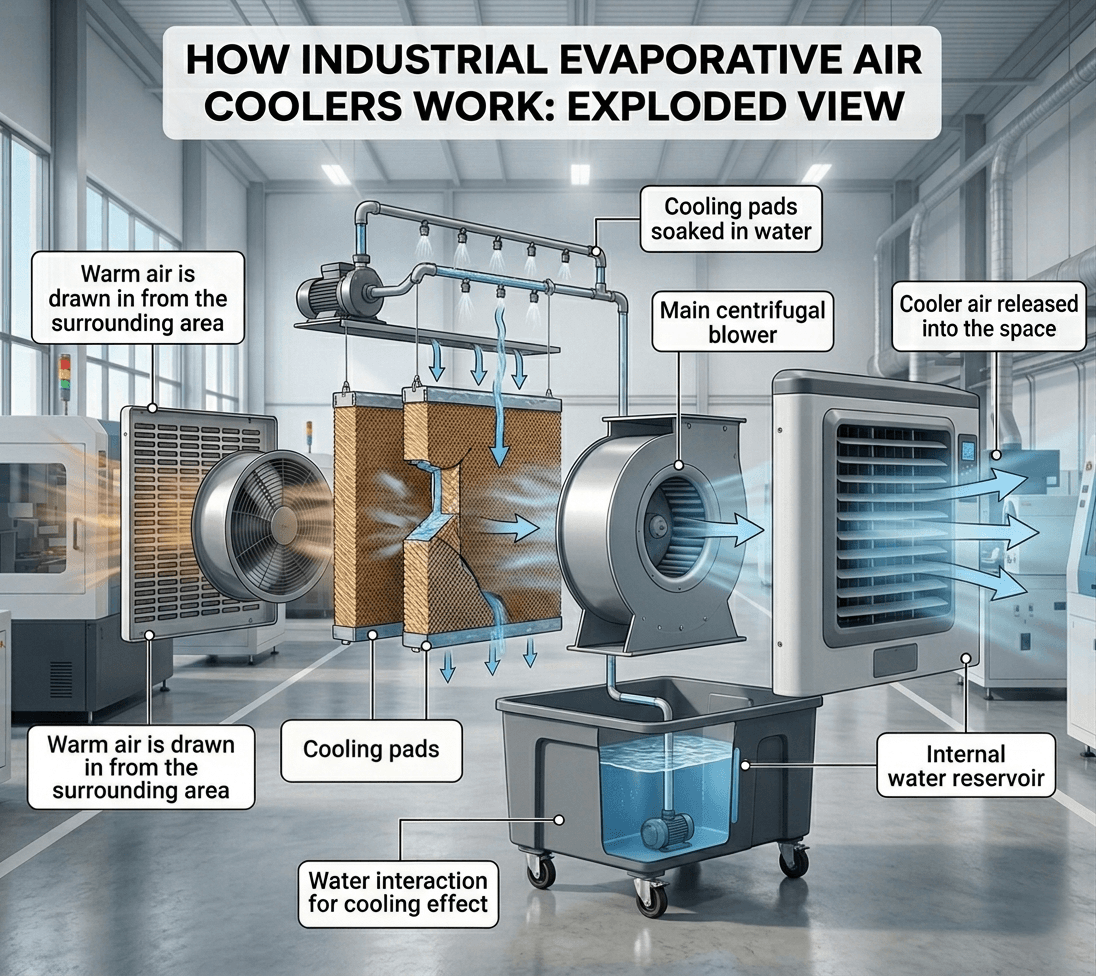 How industrial evaporative air coolers work Expanded view infographic showing how industrial swamp coolers work.