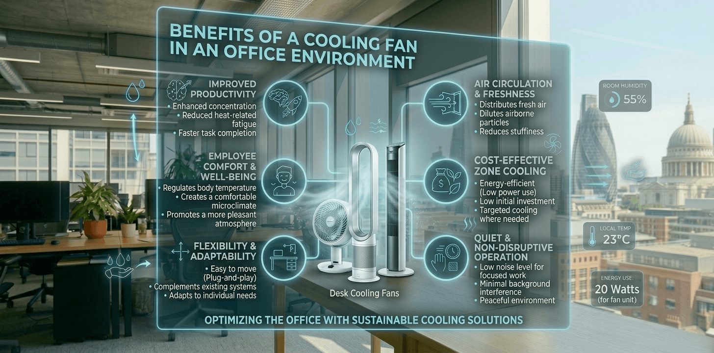Benefits of cooling fans in an office Infographic showing benefits of cooling fans in an office during UK hot weather.