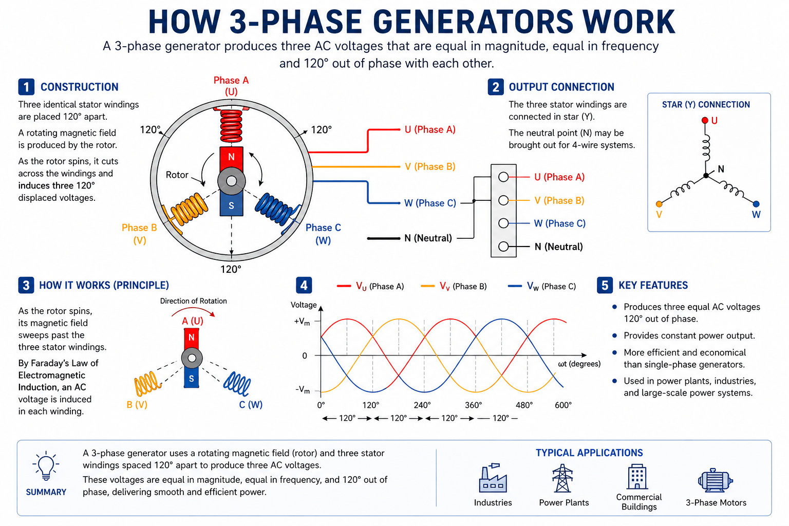 How 3-phase generators work Infographic explaining how 3-phase generators work