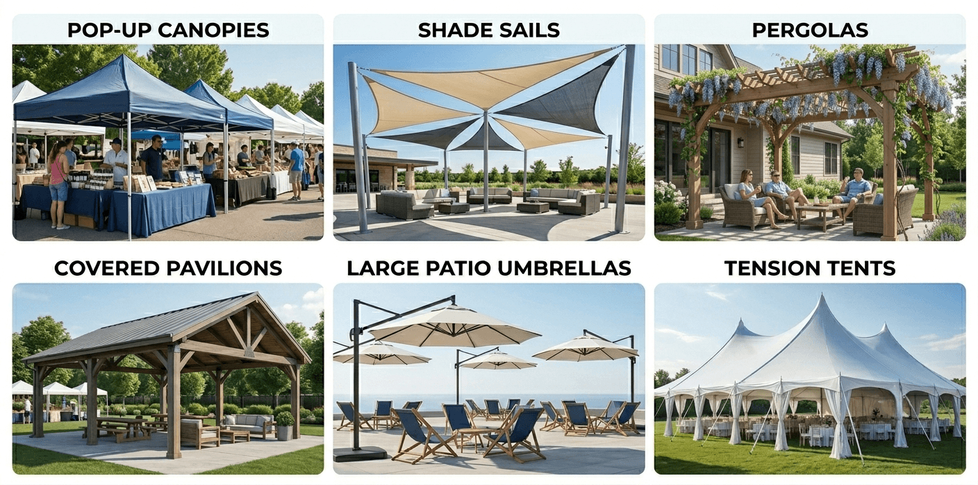 Ways to Create Shady Areas at an Outdoor Event Infographic showing ways to create shade at outdoor events during summer