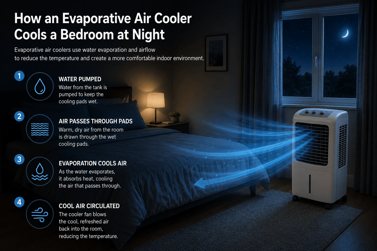 Infographic showing cooling process of evaporative air coolers in a bedroom
