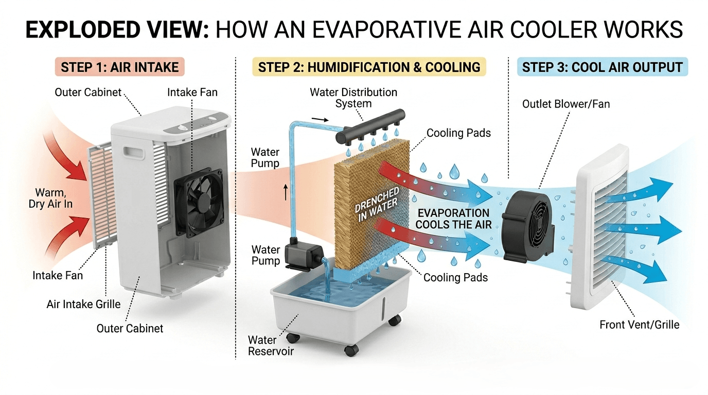 Exploded view infographic of an evaporative air cooler showing the process of warm air passing through water-drenched cooling pads to create cool humid air.