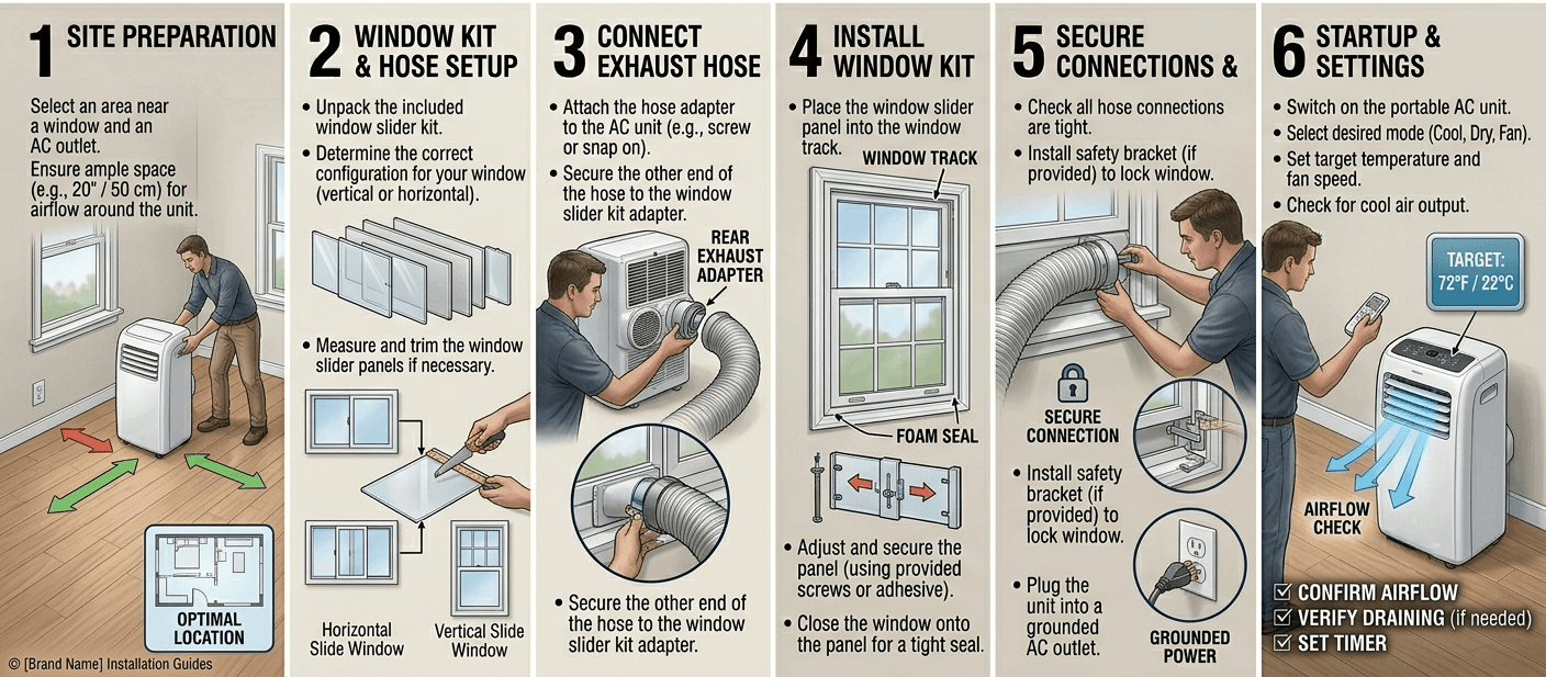 Portable Air Conditioning Installation Diagram Infographic showing the installation process of portable air conditioning systems.