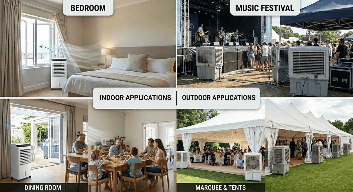 Infographic explaining where evaporative air coolers can be used. Indoor applications like dining rooms and bedrooms and outdoor applications like music festival and marquees.