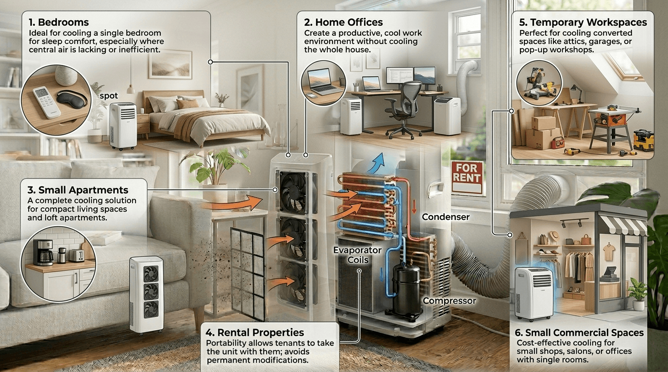 Practical Applications for a Portable Air Conditioner Infographic showing common use cases for portable air conditioners.