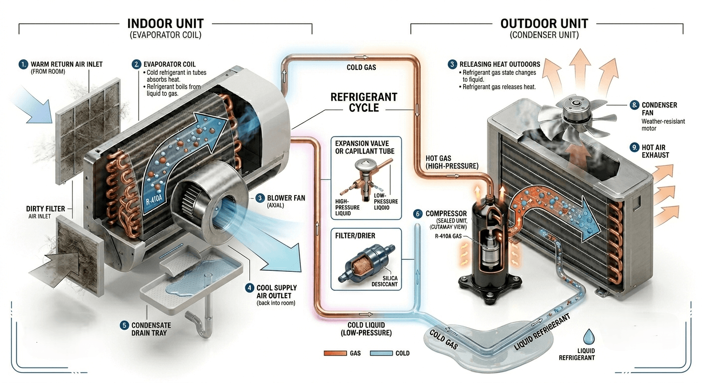 How Air Conditioners Work Exploded View Diagram Exploded view diagram showing how air conditioners operate
