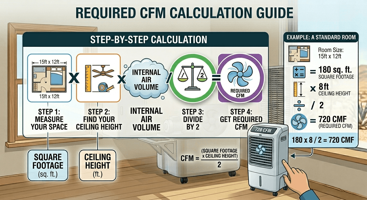 Required CFM Calculation Guide Infographic explaining how to calculate required cfm