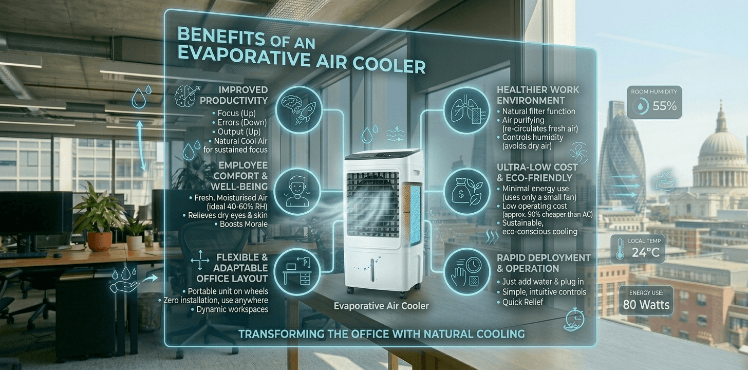 Benefits of an evaporative air cooler in an office Infographic showing benefits of an evaporative air cooler in an office during UK hot weather.