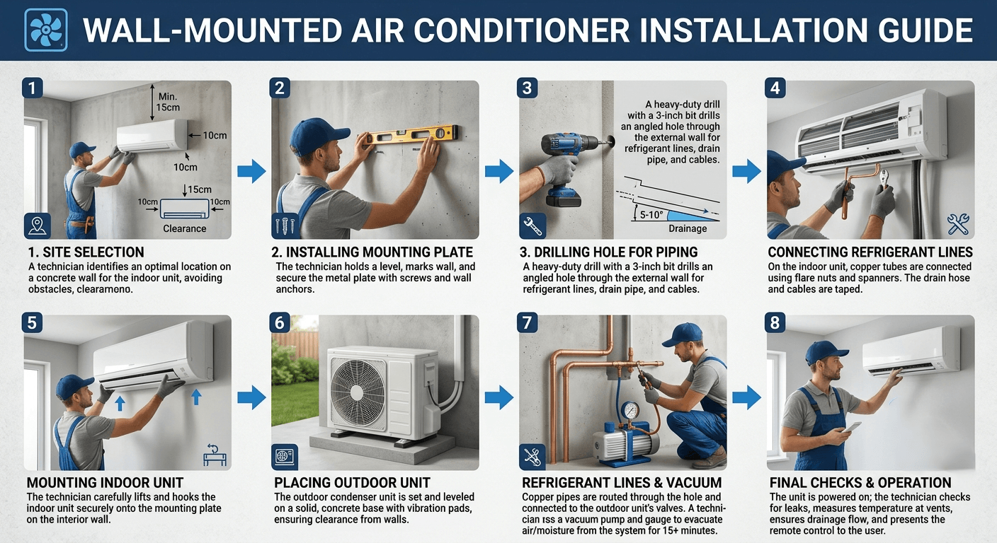 Wall-mounted air conditioner installation process Infographic showing wall-mounted air conditioner installation process