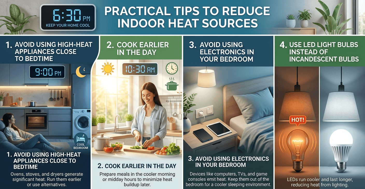 Infographic showing ways to reduce indoor heat sources