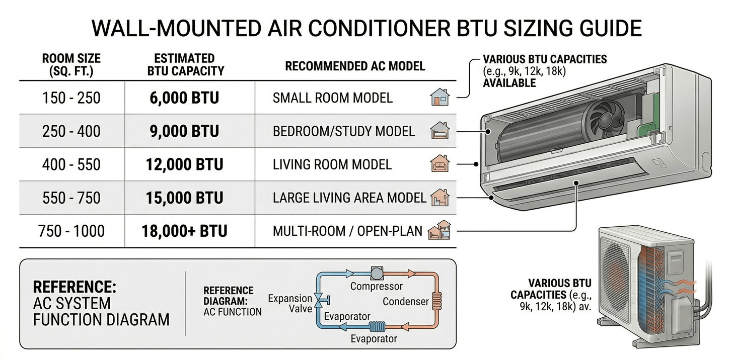 Wall-mounted air conditioner BTU chart Table show recommended BTU out for wall-mounted air conditioners based on room size
