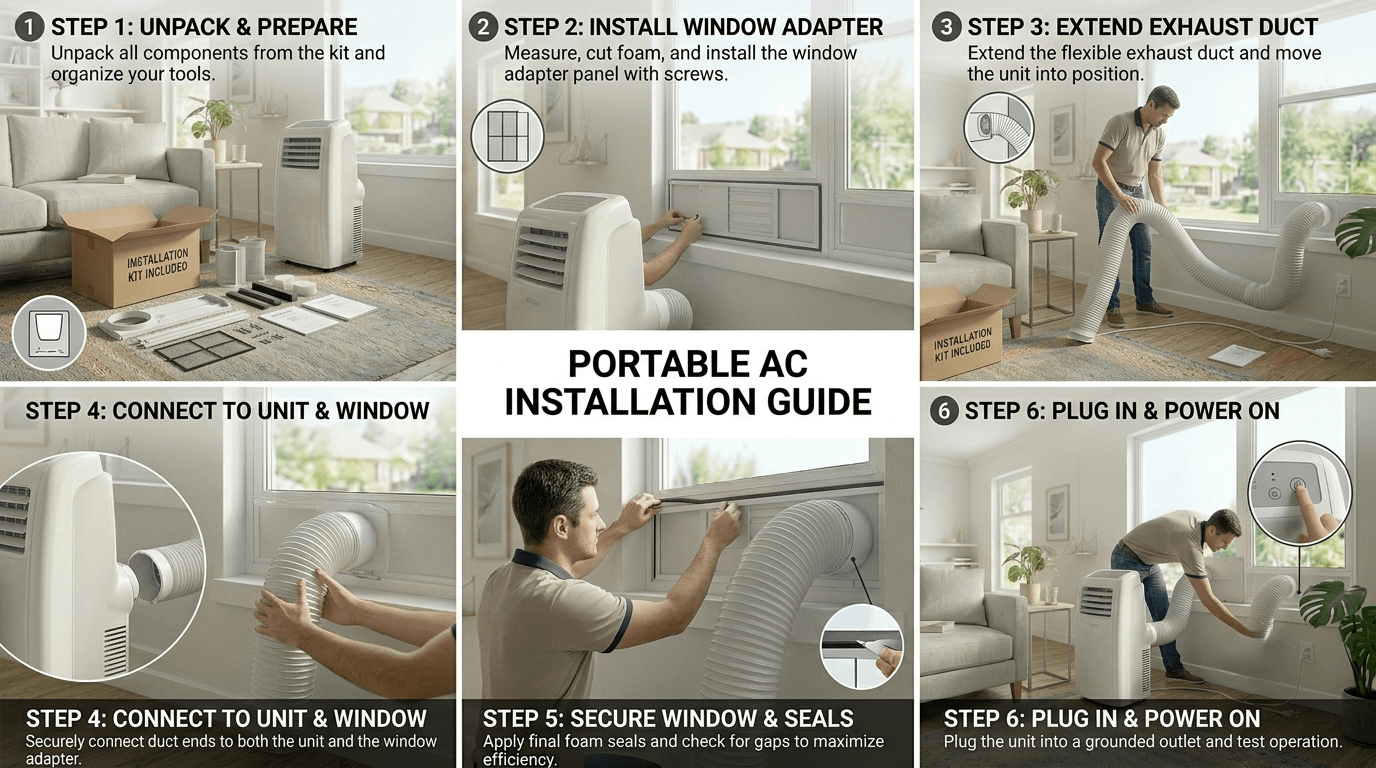 Portable Air conditioner Installation Process Infographic showing the installation process of a portable air conditioner.