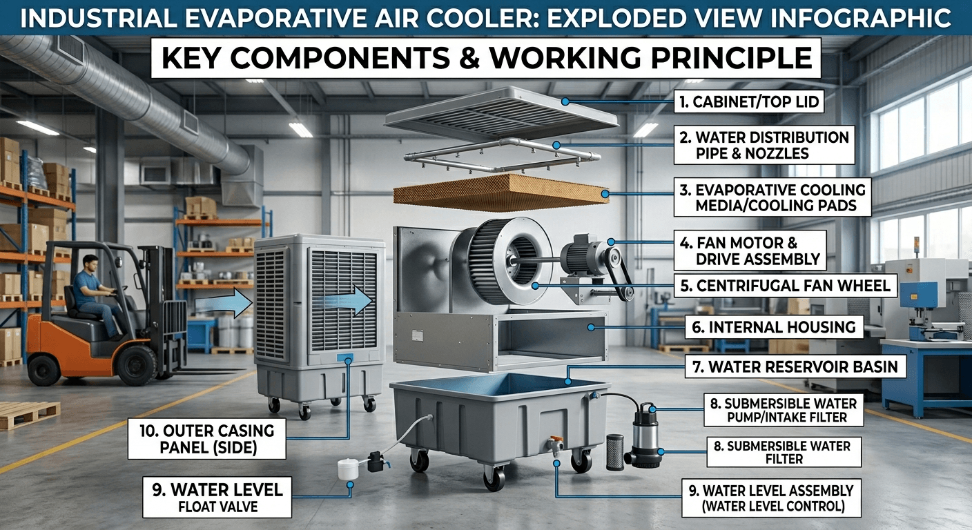 Key components of an industrial evaporative air cooler Parts of an industrial swamp cooler expanded view infographic