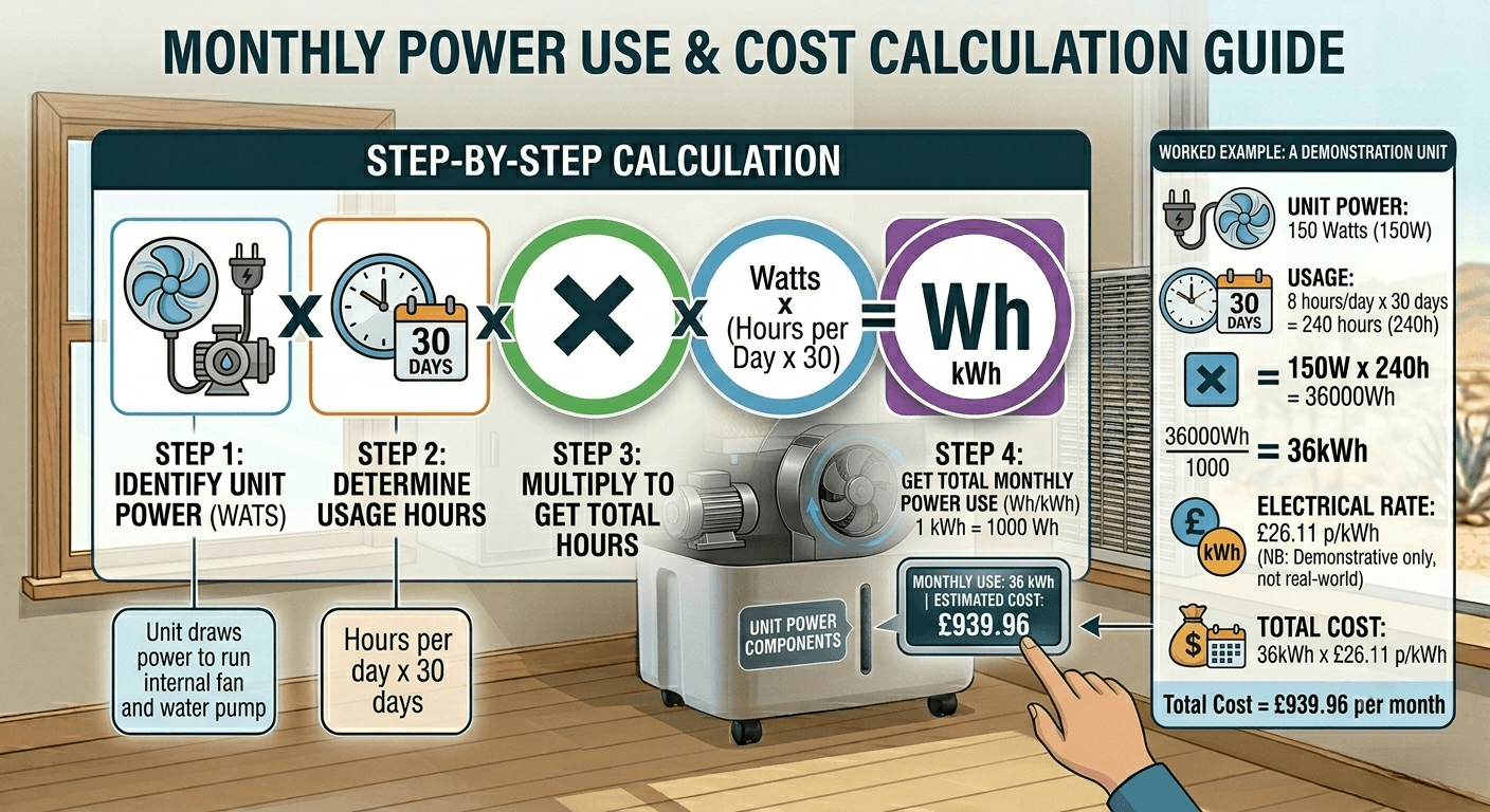 Evaporative air cooler monthly power use Infographic explaining how to calculate monthly power use of an evaporative air cooler