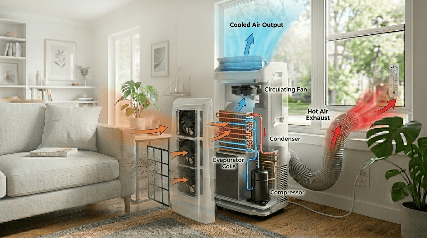 Exploded view diagram of a portable air conditioner showing the cooling process.