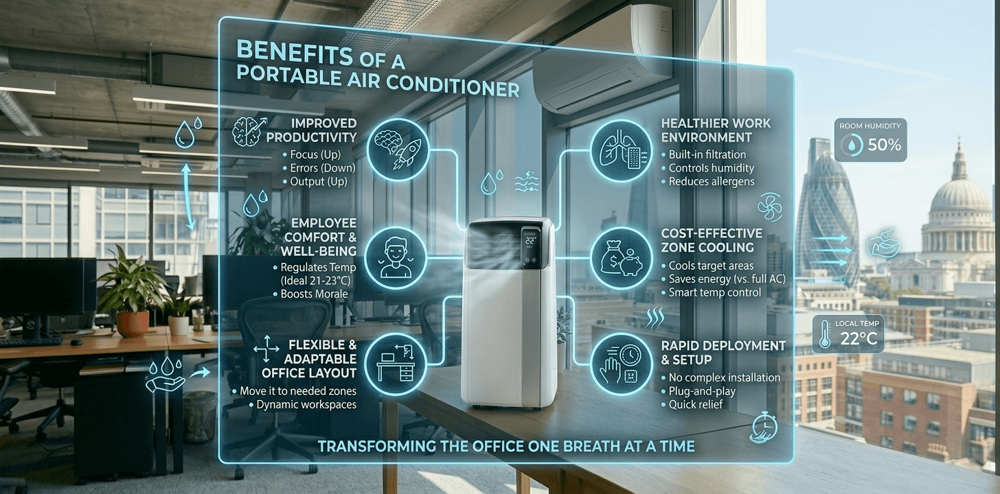 Benefits of Portable Air Conditioners in an Office Infographic showing benefits of portable AC in an office during UK hot weather.