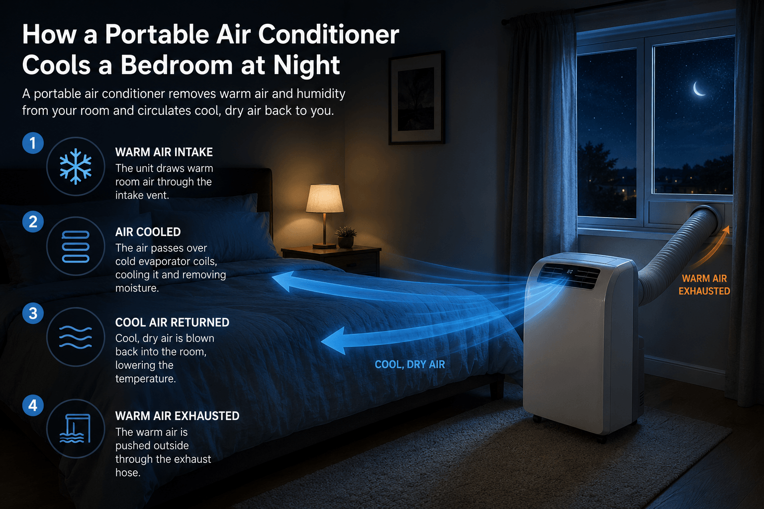 Infographic showing cooling process of portable air conditioner in a bedroom