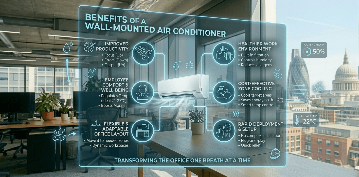 Benefits of wall-mounted air conditioner in an office Infographic showing benefits of a wall-mounted AC in an office during UK hot weather.