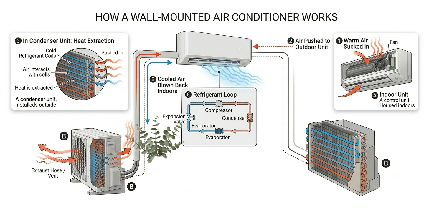 How Do Wall-Mounted Air Conditioners Work Exploded view image explaining how wall-mounted air conditioning units work.
