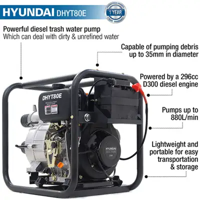 Hyundai DHYT80E 80mm 3in Diesel Trash Water Pump