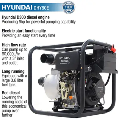 Hyundai DHY80E 80mm 3in Electric Start Diesel Water Pump