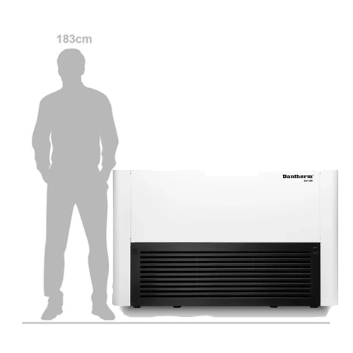 Dantherm DH 120 swimming pool dehumidifier shown next to 183cm tall person for size comparison