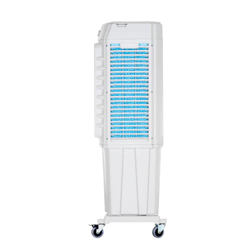 Side profile of the Chill-Teq EVA 100 evaporative air cooler showing cooling pads